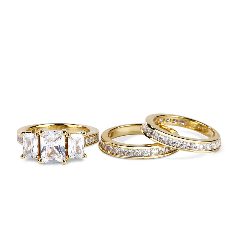 Jeulia 3PC Yellow Three Stone Radiant Cut Sterling Silver Ring Set