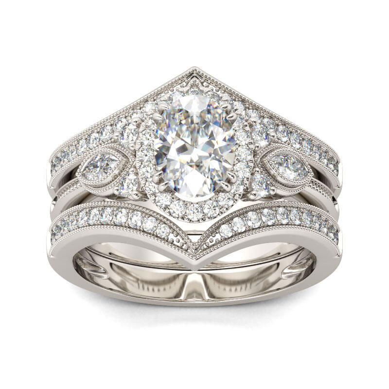 Jeulia Terno De Anillos Milgrain Con Halo De Talla Ovalada En Plata De Ley