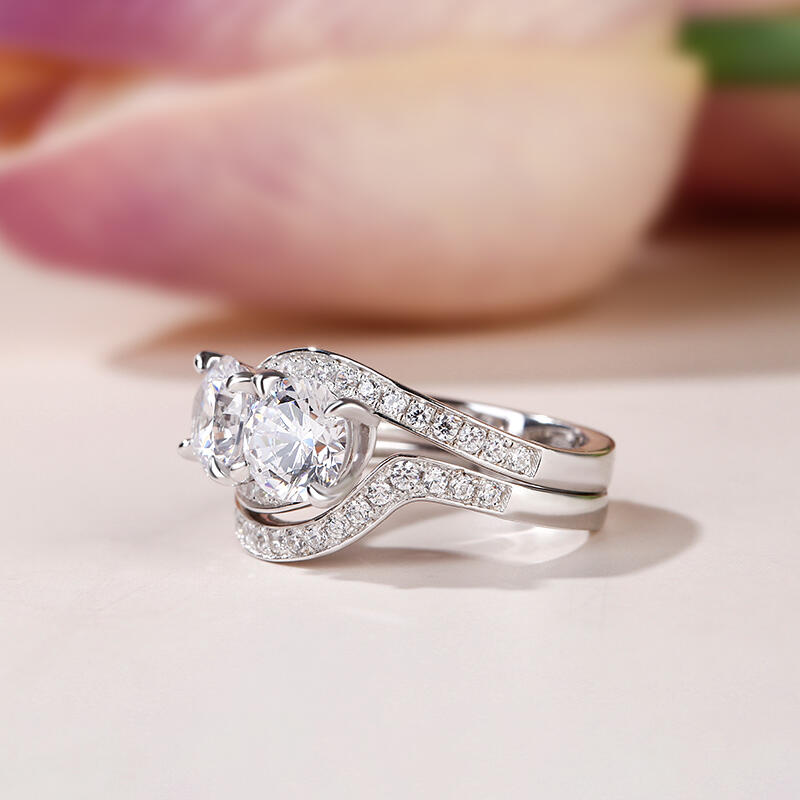 Jeulia Bypass Two Stone Round Cut Sterling Silver Ring Set