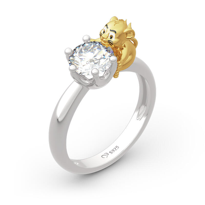 Jeulia Hug Me "Król Dżungli" Lew Korona Okrągłe Cięcie Srebrny Pierścionek