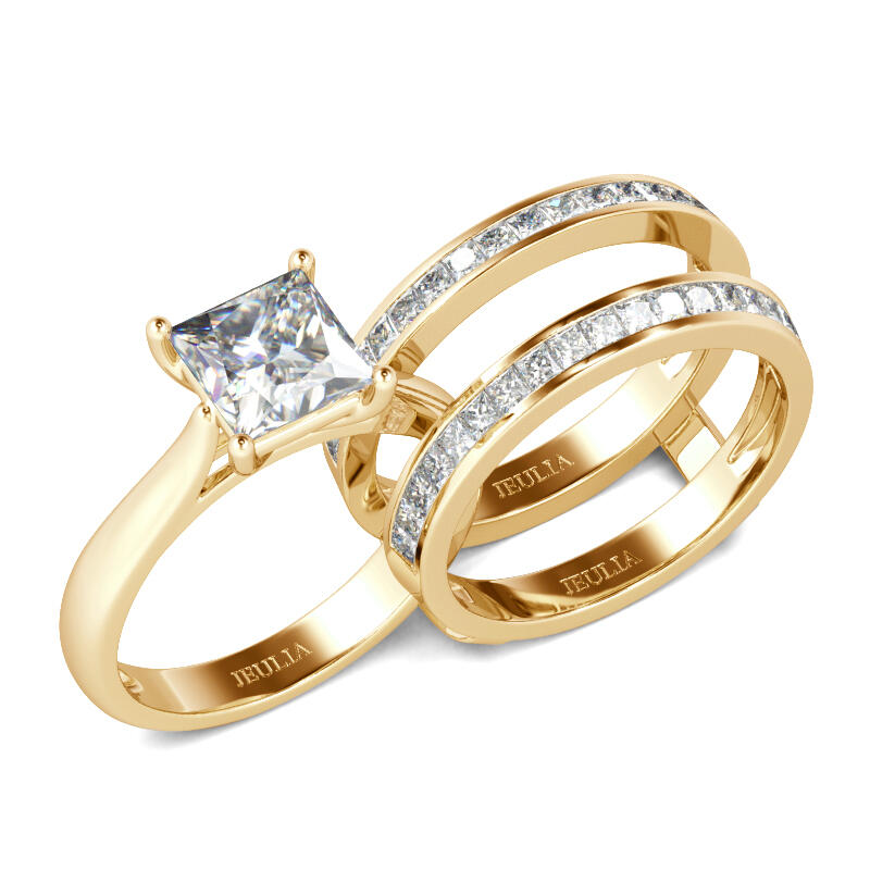 Jeulia Ensemble de Bagues 3 Pcs en Argent Sterling Plaqué Or Rehausseur Coupe Princesse