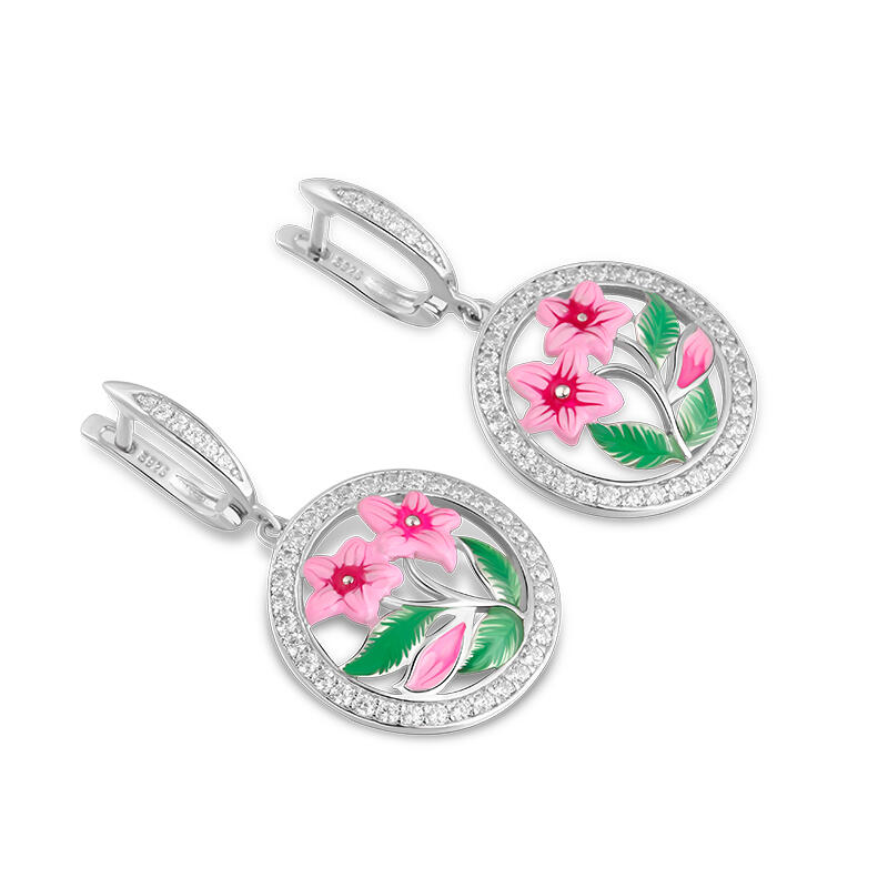Jeulia Pendientes de colgante con esmalte de flores de plata de ley