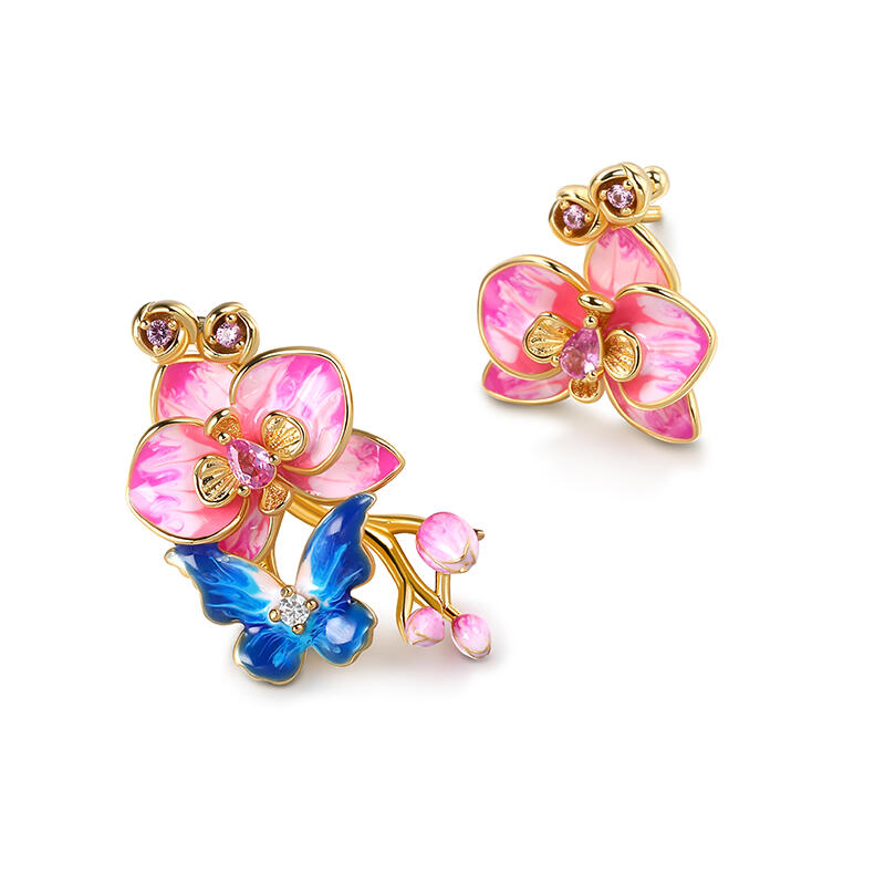 Jeulia バタフライ フラワー 蝶 花 エナメル シルバー スタッド ピアス