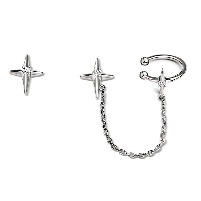 Jeulia "Four-Point Star" Sterling Silver Ear Cuff with Chain