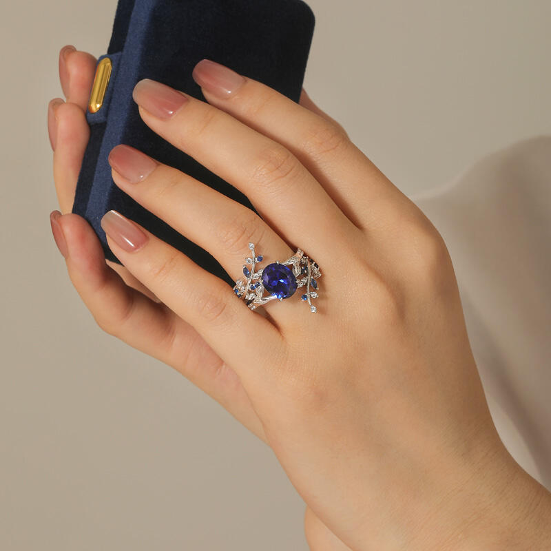 Jeulia Vintage Cubic Leaf Sapphire Ring Set