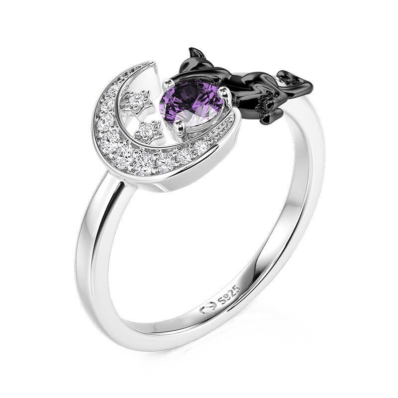 Jeulia Custom Black Cat Moon and Star Ring With Birthstone