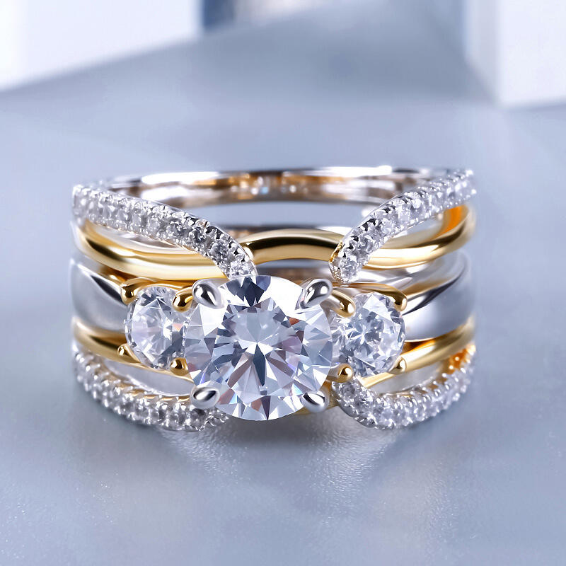 Jeulia Two Tone Three Stone Round Cut Sterling Silver Ring Set