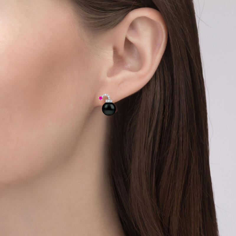 Jeulia Bomb Design Cultured Black Pearl Sterling Silver Earrings