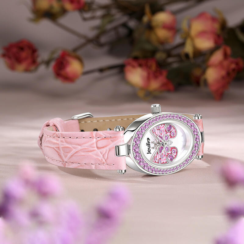 Jeulia "Fluttering Moment" Butterfly Quartz Pink Leather Watch with Mother of Pearl Dial