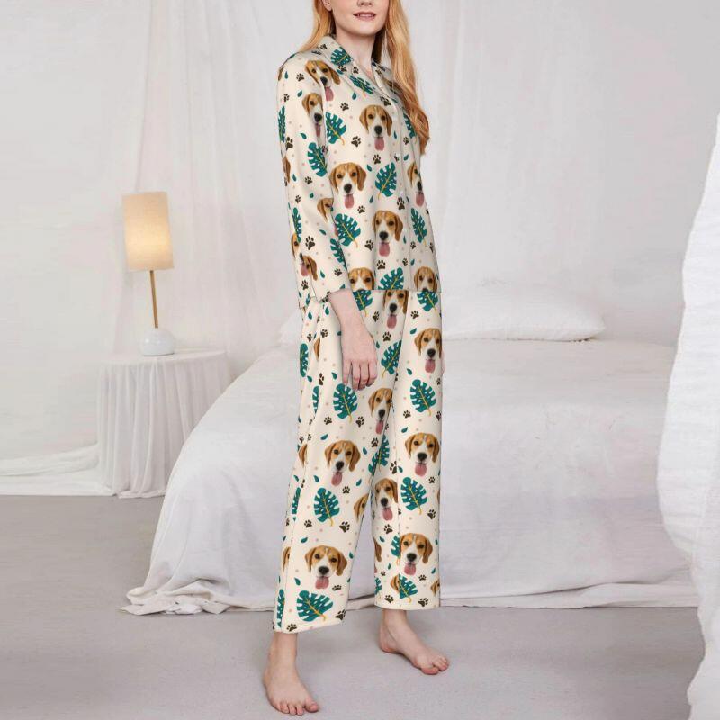 Pigiama personalizzato con foto personalizzata dell'animale domestico, design primaverile pulito con foglie di palma, ottimo regalo per gli amanti degli animali