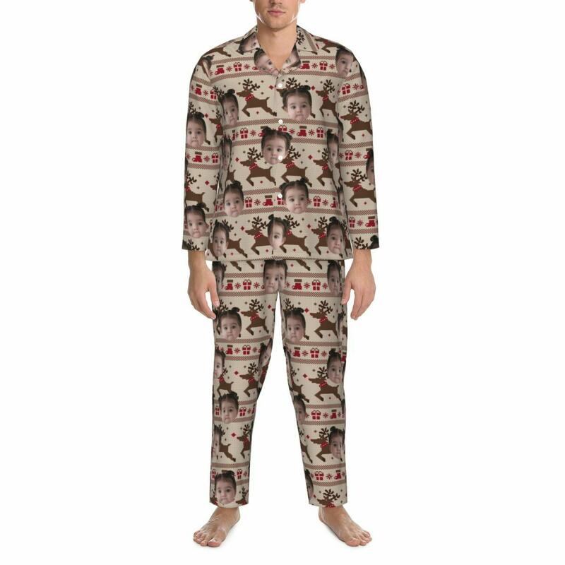 Personalisierte Pyjamas mit individuellem Kinderfoto Rentier Weihnachtsstimmung Muster Design Geschenk für die Familie
