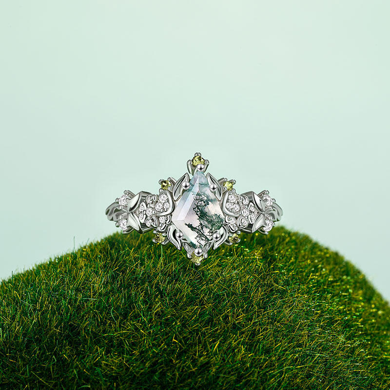 Jeulia Midsummer Night Pansy Flower Moss Agate Engagement Ring