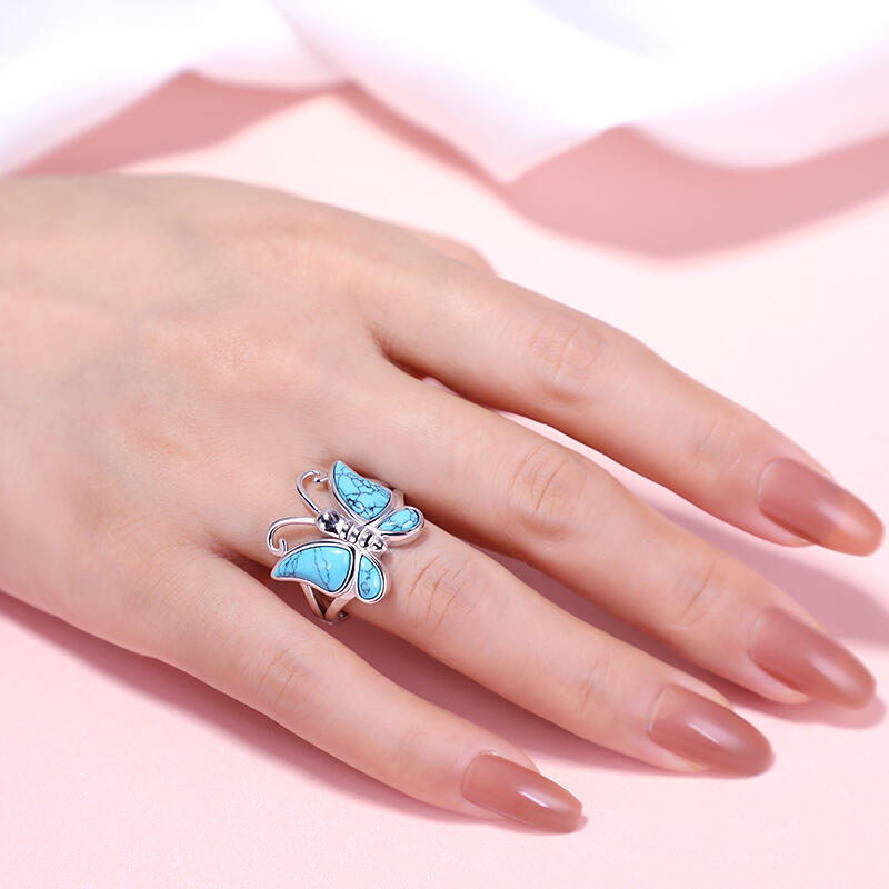 Jeulia "Natural Beauty" Butterfly Design Turquoise Sterling Silver Ring
