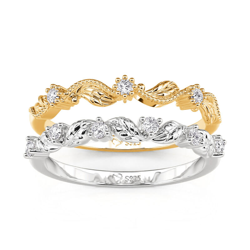 Jeulia Everyday Two Tone Leaf and Flower Stackable Ring Set