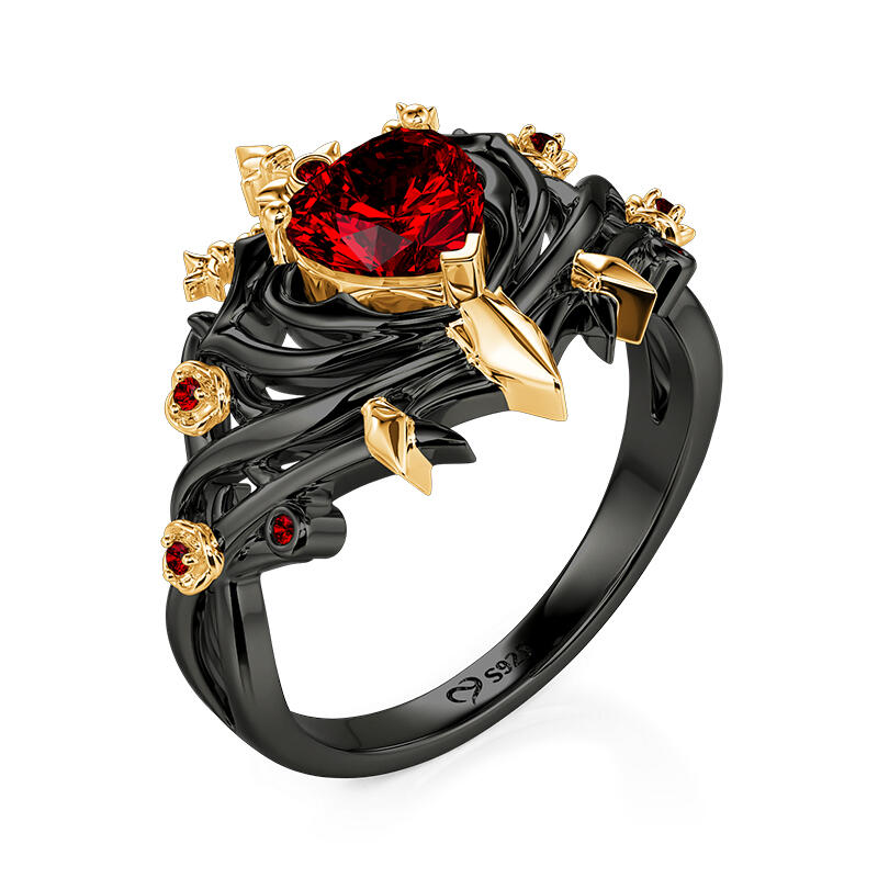 Jeulia Red Heart Sword Ring with Black Thorn Band
