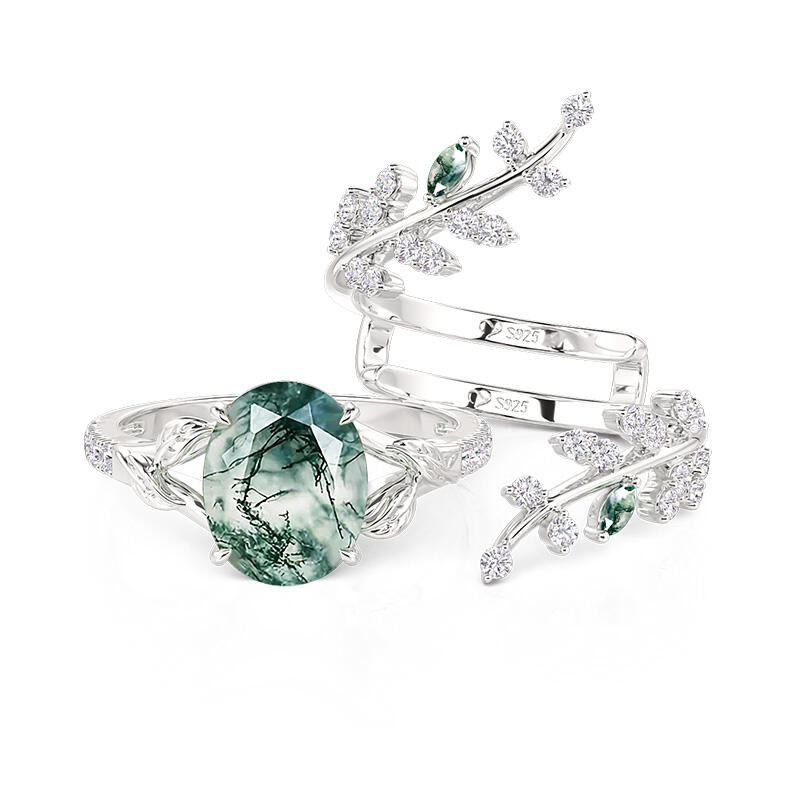Jeulia Nature Inspired Vine Leaf Moss Agate Ring Set 2PCS