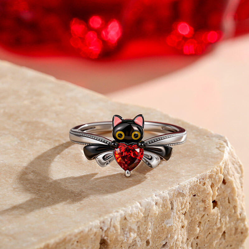 Jeulia Petland ツートーン キュート ブラックキャット ハート ボウ リング