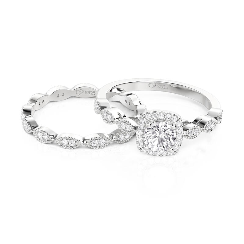 Jeulia Vintage Halo Round Engagement Ring Set Sterling Silver