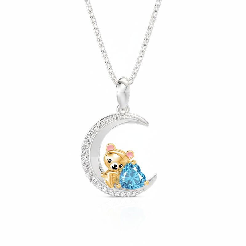 Jeulia Hug Me Custom Teddy Bear Moon Necklace With Birthstone