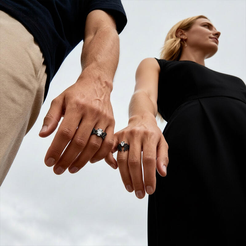Jeulia Gothic Black Bat Coffin Cut Couple Rings Set