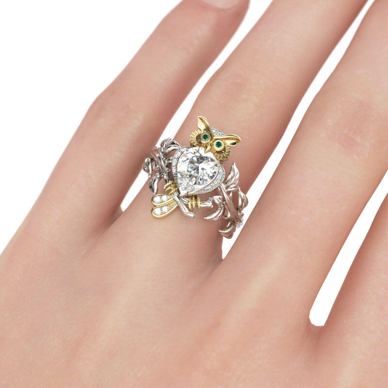 Jeulia Two Tone Pear Cut Sterling Silver Owl Ring