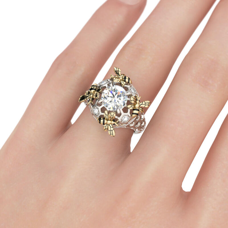 Jeulia Two Tone Bee Honeycomb Round Cut Sterling Silver Ring