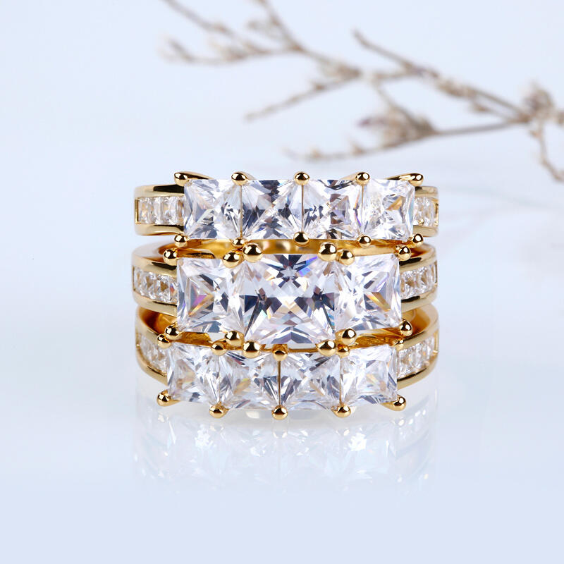 Jeulia Gold Tone Princess Cut Sterling Silver Ring Set