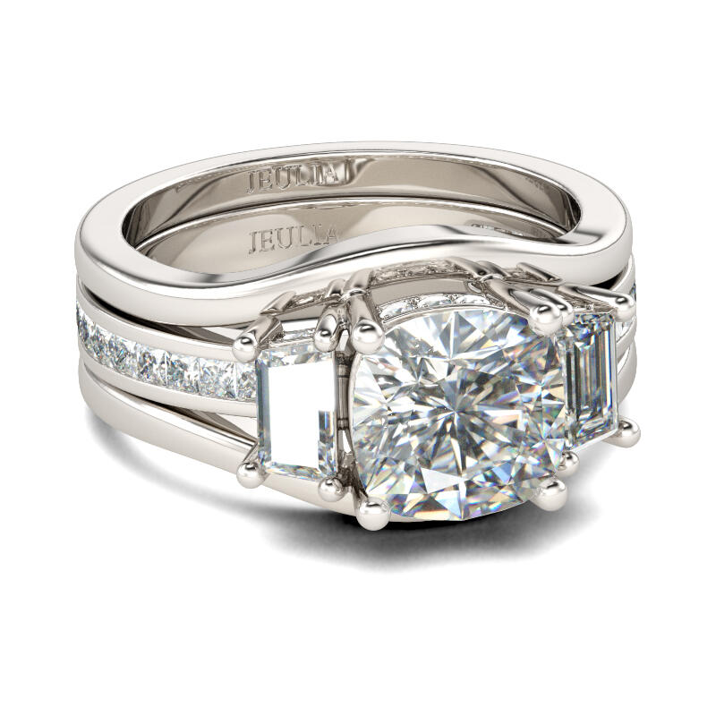 Jeulia Three Stone Cushion Cut Sterling Silver Ring Set