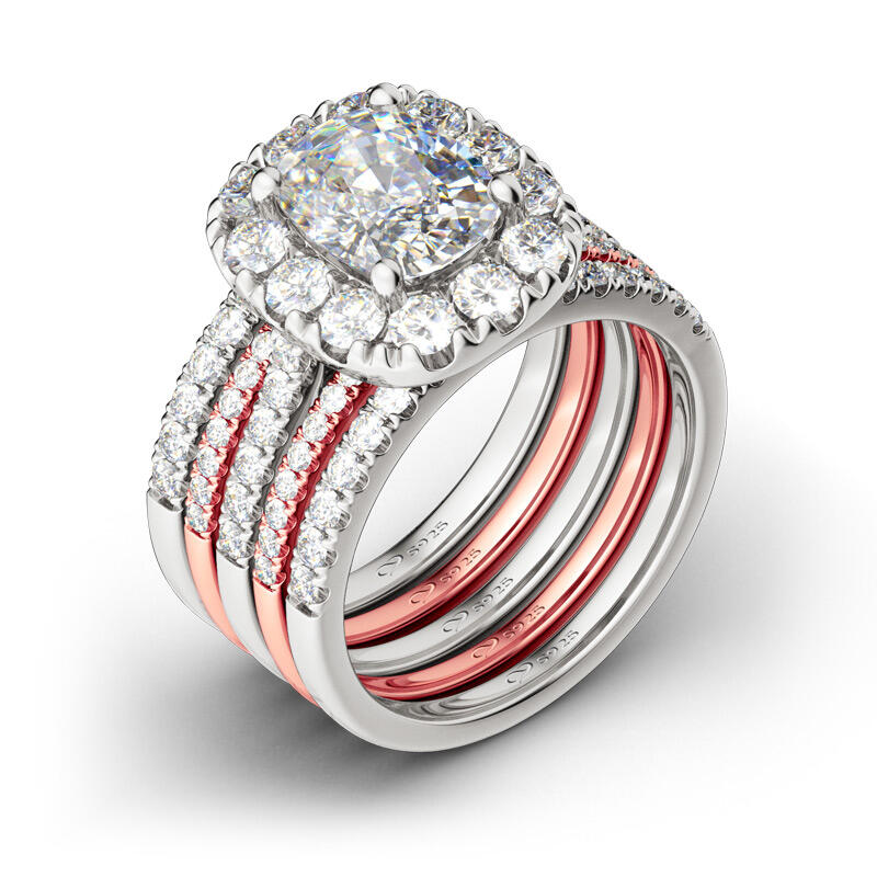 Jeulia Two Tone Halo Sterling Silver Ring Set