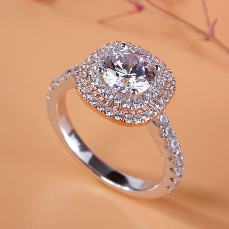 Jeulia Anillo Clásico Con Halo De Dos Tonos De Talla Redonda En Plata De Ley