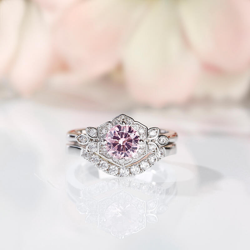 Jeulia Flower Design Round Cut Synthetic Morganite Sterling Silver Ring