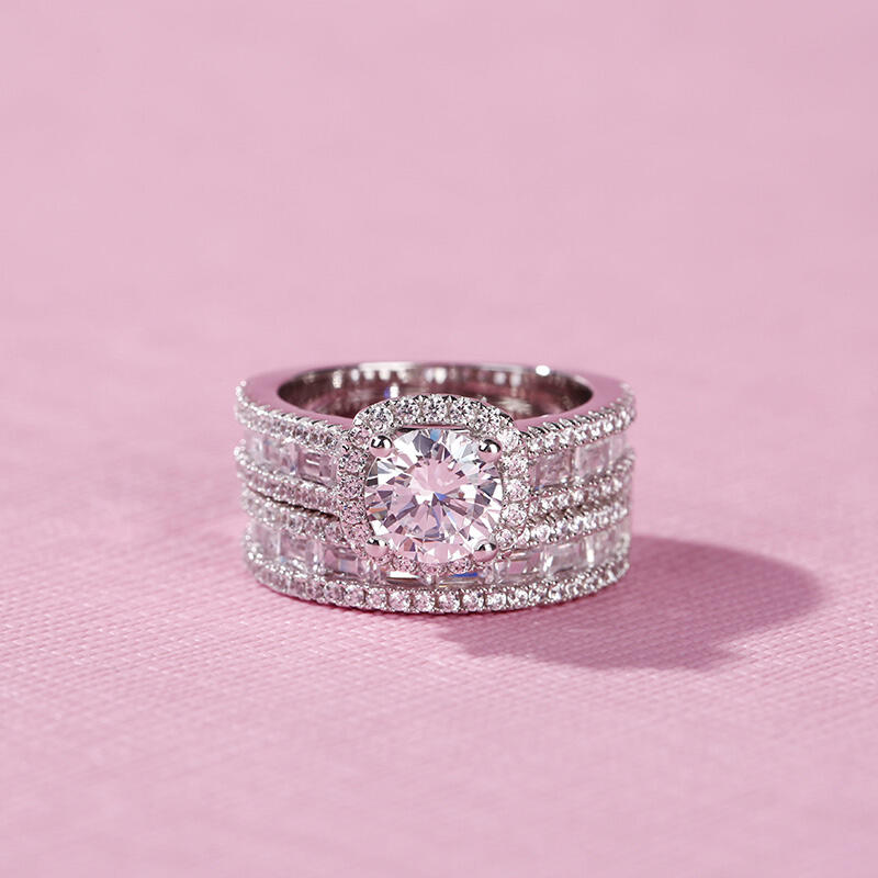 Jeulia Halo Round Cut Sterling Silver Ring Set