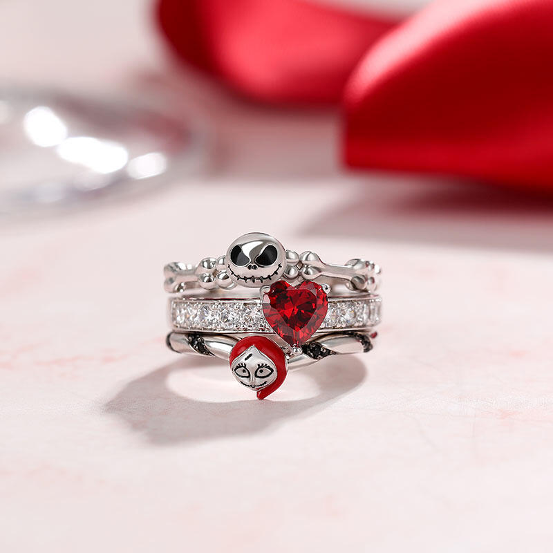 Jeulia "Skull Couple" Heart Cut Sterling Silver Enhancer Ring Set