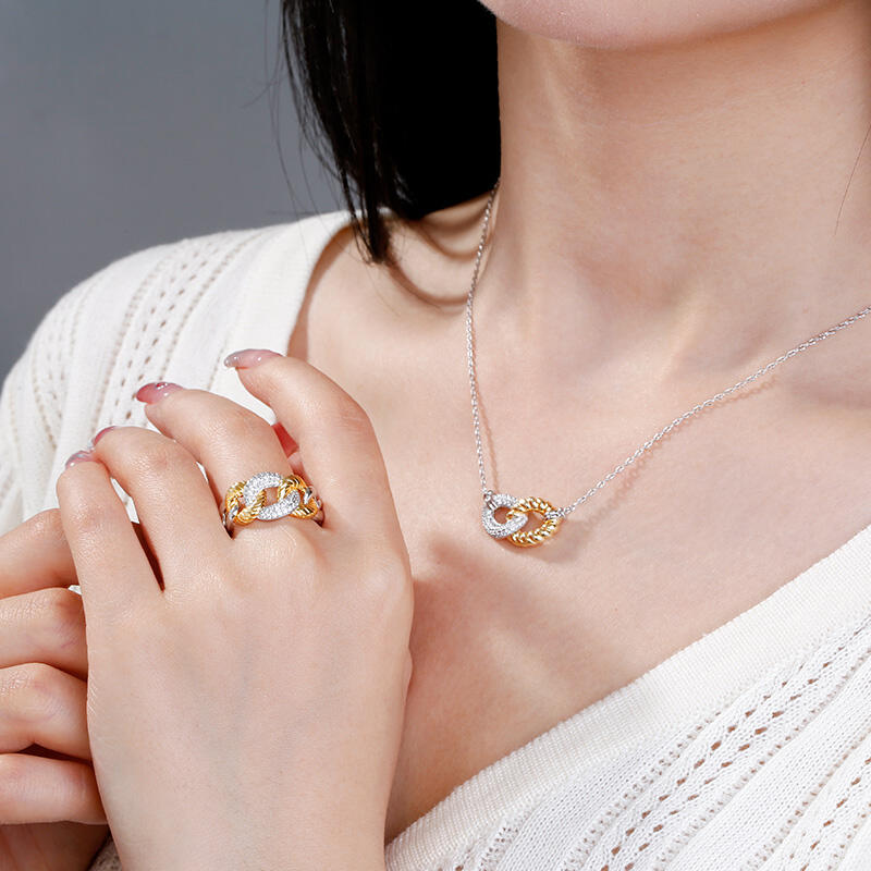 Jeulia "Schließe Dein Herz" Zweifarbige Chain Link Sterling Silber Ring