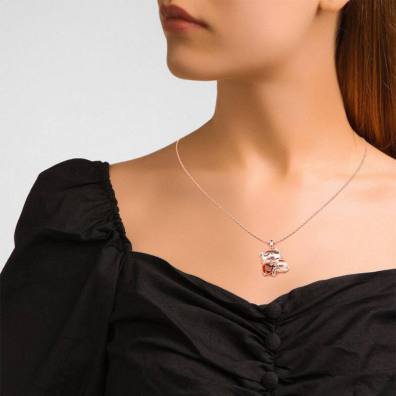 Jeulia Hug Me "Sweet Sleeping Cat" Heart Cut Sterling Silver Necklace