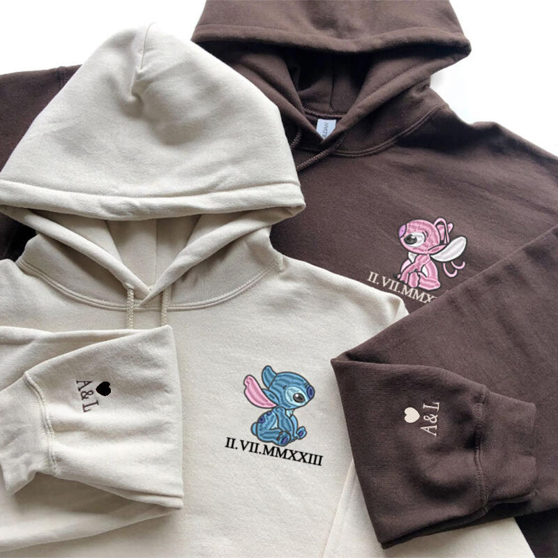 Gepersonaliseerde hoodie met geborduurde steek en engel met aangepaste Romeinse cijferdatum voor het jubileum van de geliefde