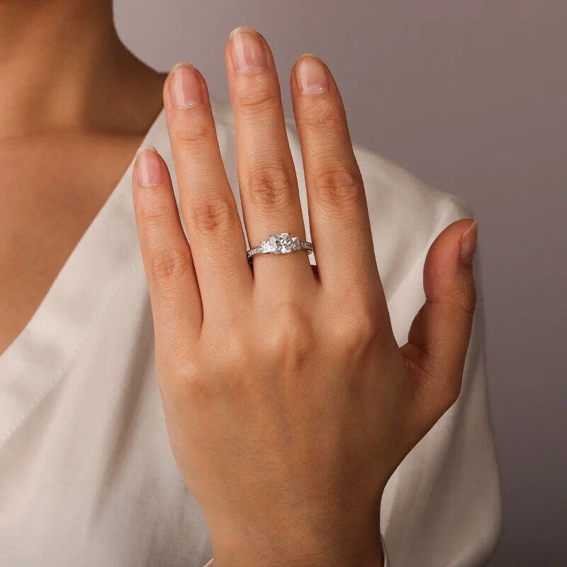 Jeulia Asscher Cut Three Stone Sterling Silver Engagement Ring