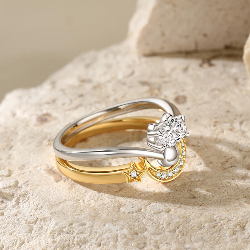 Jeulia Mån- och Stjärnring Set Justerbar Oval Cut Sterling Silver