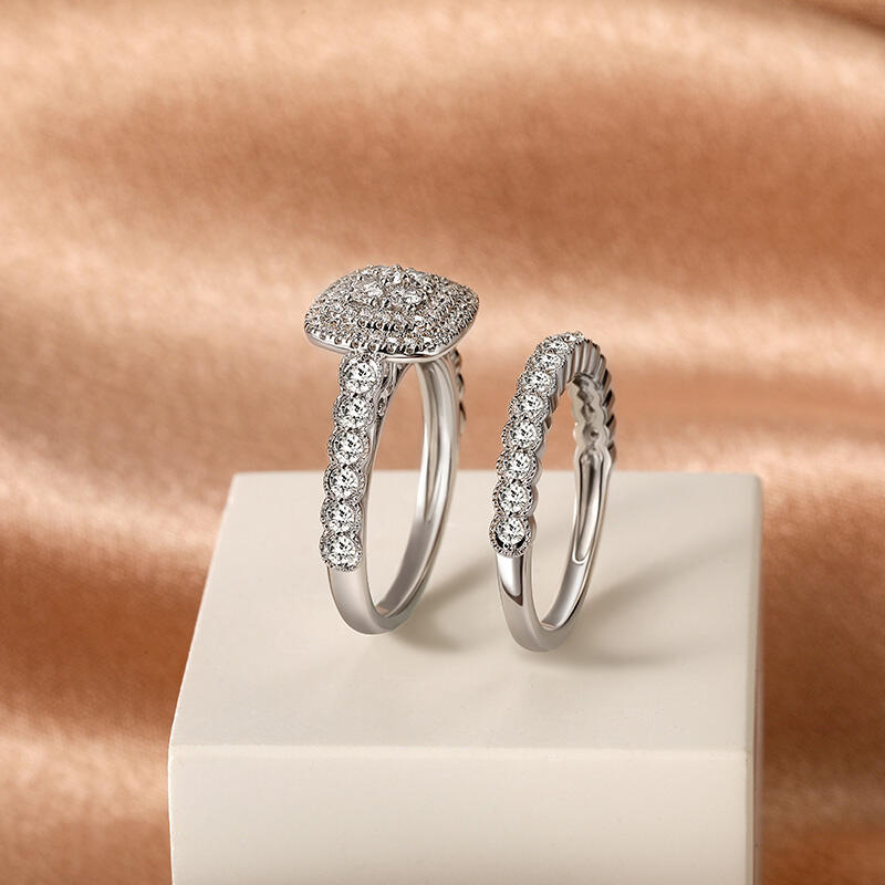 Jeulia Double Halo Cluster Ring Set with Eternity Band Sterling Silver