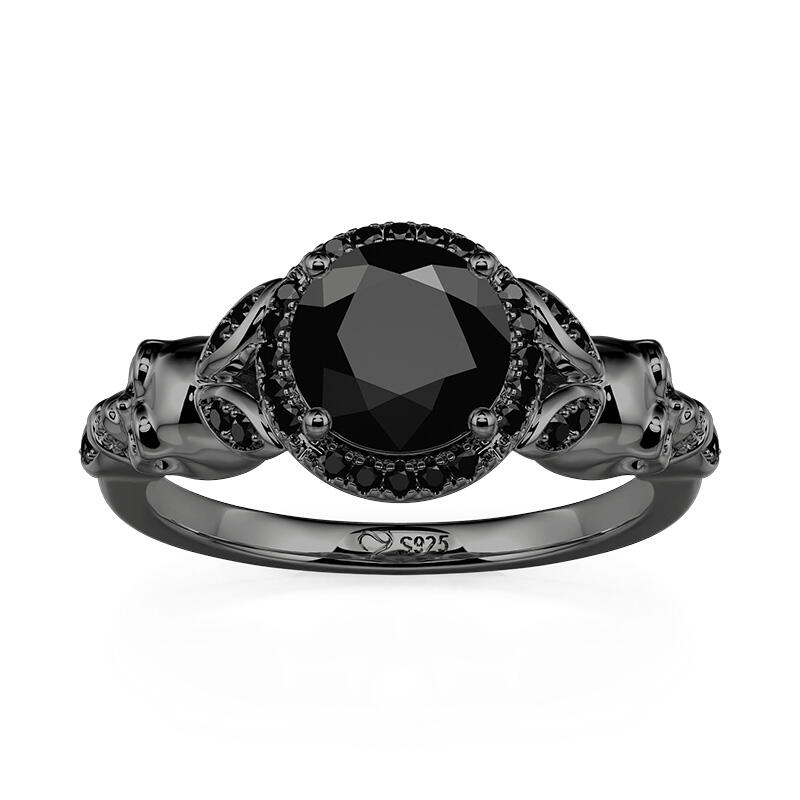Jeulia Gothic Halo Round Cut Black Skull Ring Sterling Silver