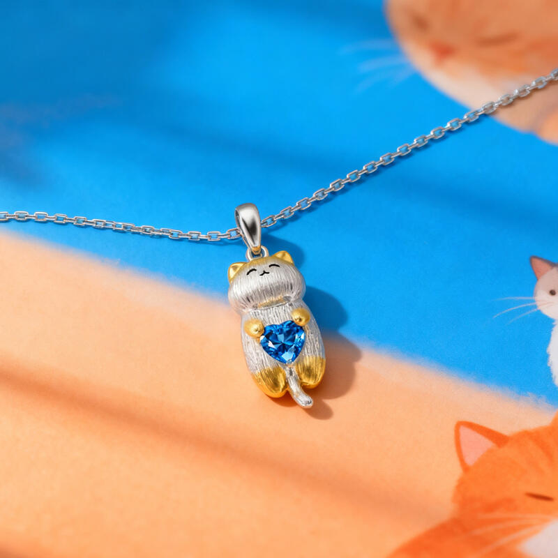 Jeulia Collar con Abrazo de Gato Adorable Dorado de Plata de Ley