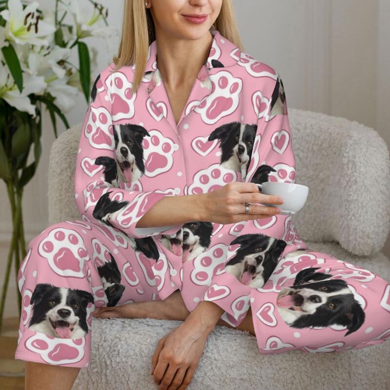 Gepersonaliseerde pyjama met foto van huisdieren Roze hartjes en pootafdrukken Leuk cadeau voor dierenliefhebbers