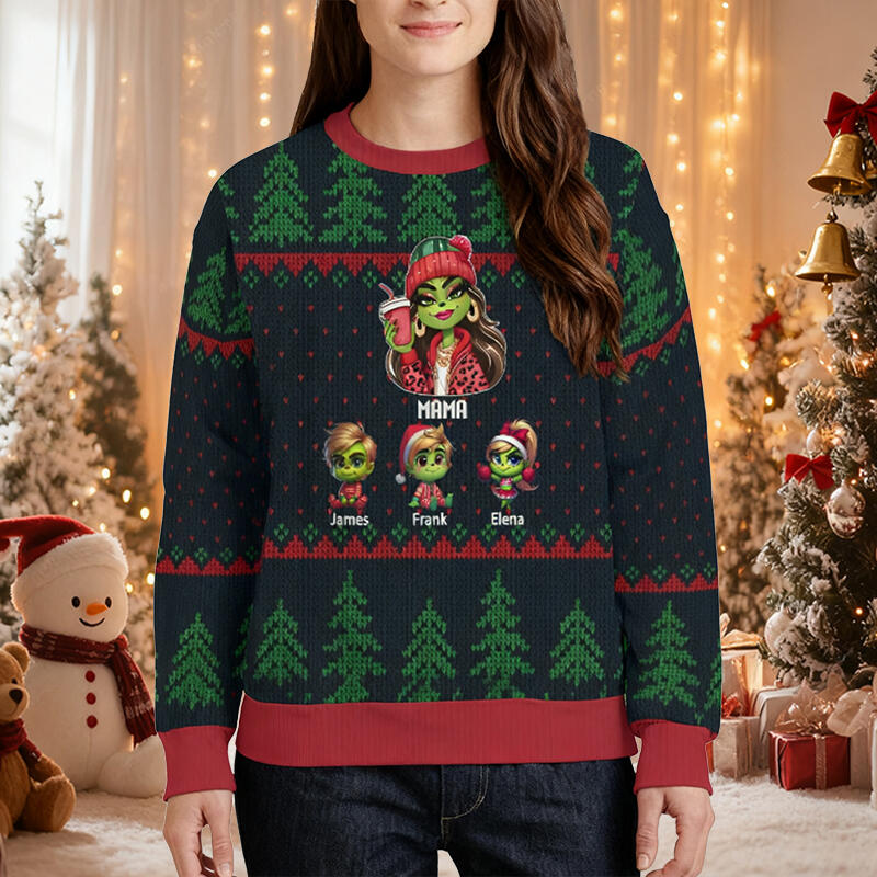 Personalisierter hässliche Weihnachtspullover Unisex Individuelles Mama Grinchund Kinder-Design Attraktives Weihnachtsgeschenk für die Mutter