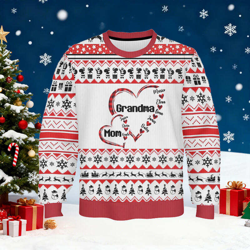 Personalized Ugly Sweater Unisex Custom Kids Name Heart Design Perfect Christmas Gift for Mom and Grandma