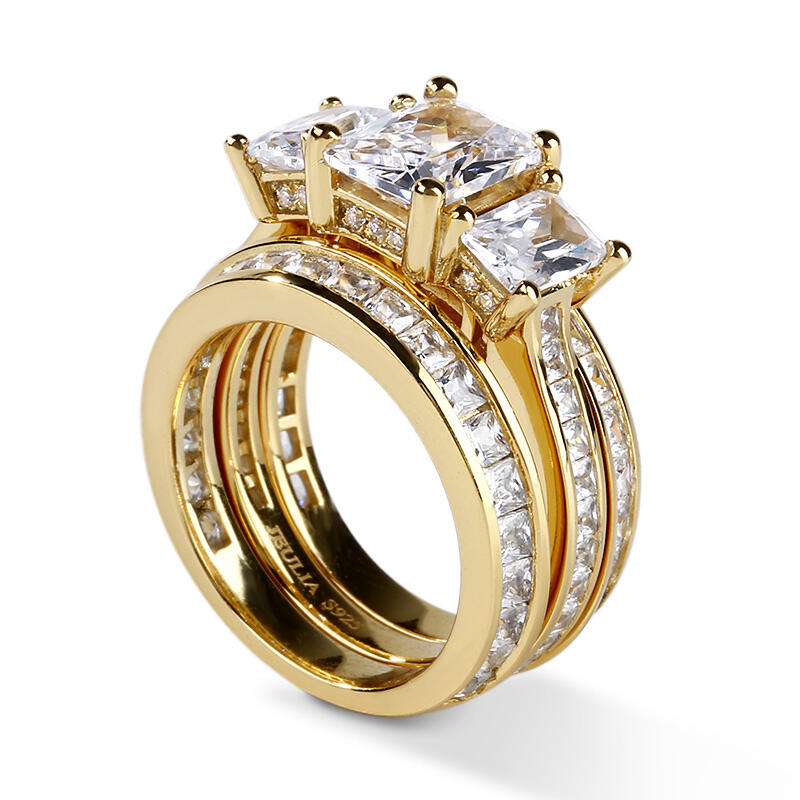 Jeulia 3PC Yellow Three Stone Radiant Cut Sterling Silver Ring Set