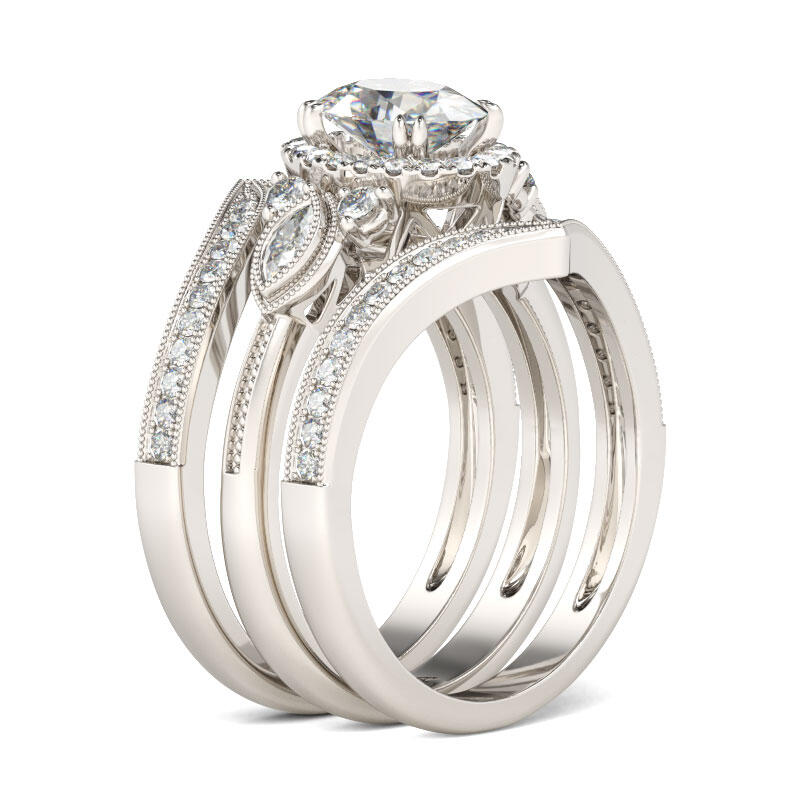 Jeulia Terno De Anillos Milgrain Con Halo De Talla Ovalada En Plata De Ley