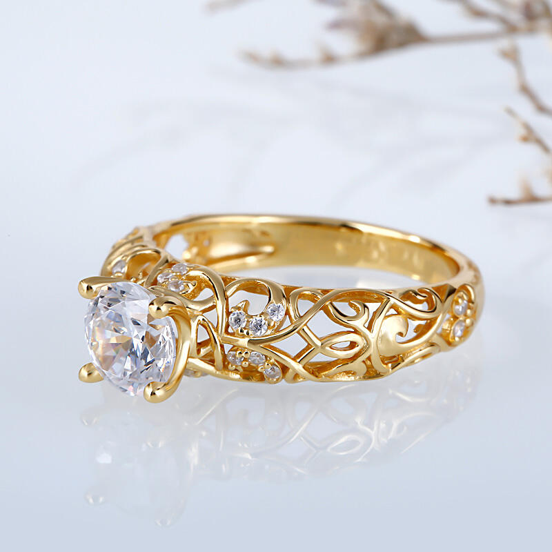 Jeulia Anillo de Compromiso con Tono Dorado de Parra de Talla Redonda de Plata