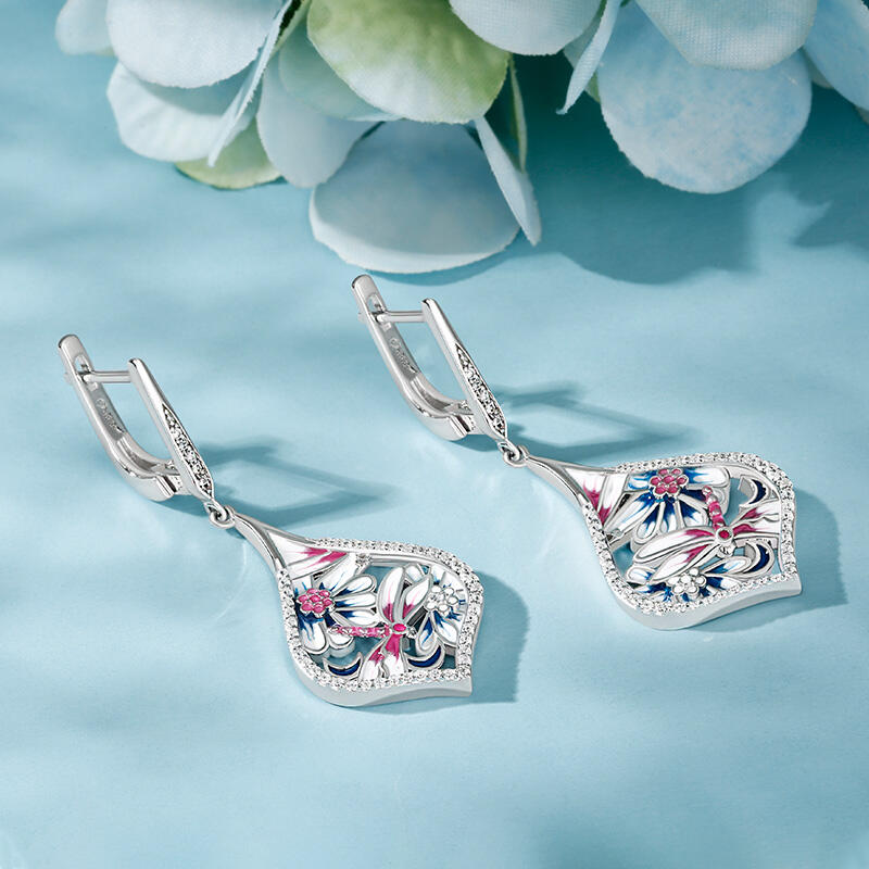 Jeulia "Life & Vitality" Dragonfly Enamel Sterling Silver Drop Earrings