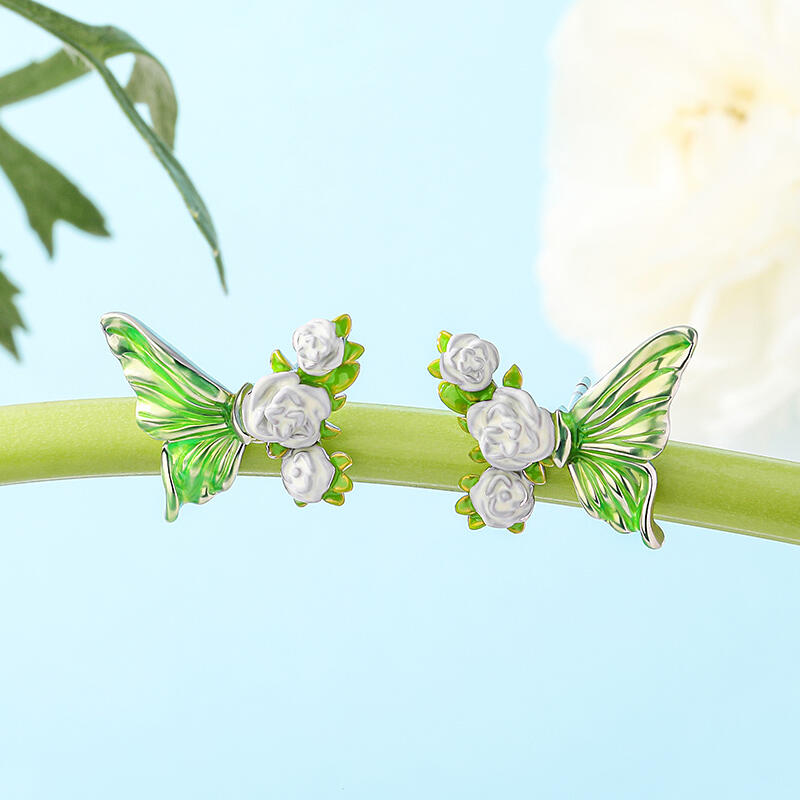 Jeulia Pendientes con mariposa y flor de esmalte de plata de ley
