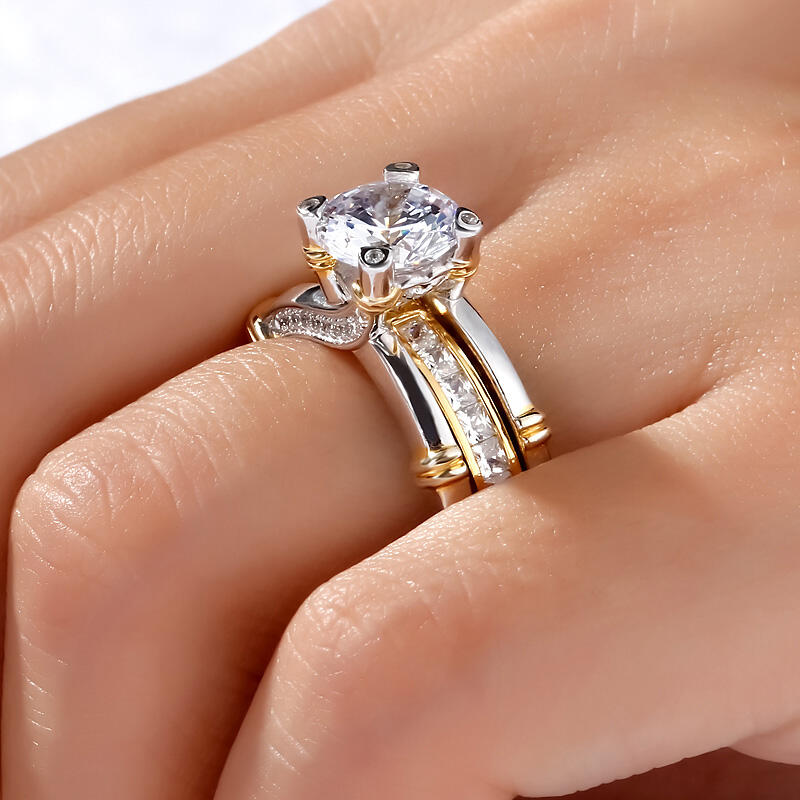Jeulia Conjunto De Anillos Intercambiables Con Dos Tonos De Corte Redondo En Plata De Ley